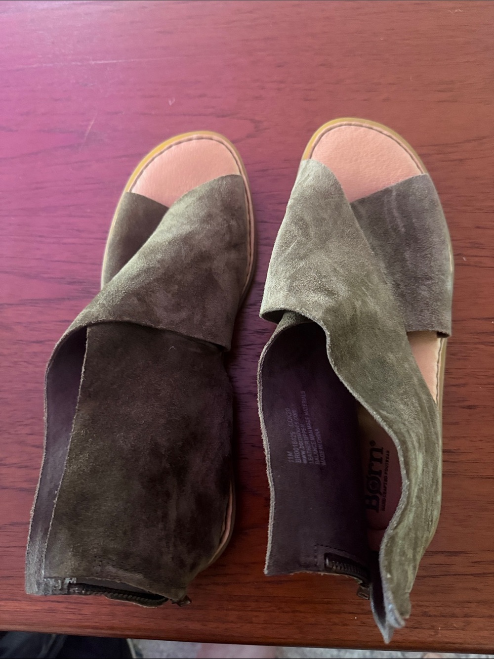 Born Olive Suede Crossover Open-Toe Sandals with Back Zip - Picture 2 of 9